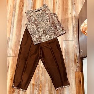 SAG HARBOR Size 12 petite, Animal Print Sleeveless Top and Brown Pants Set.